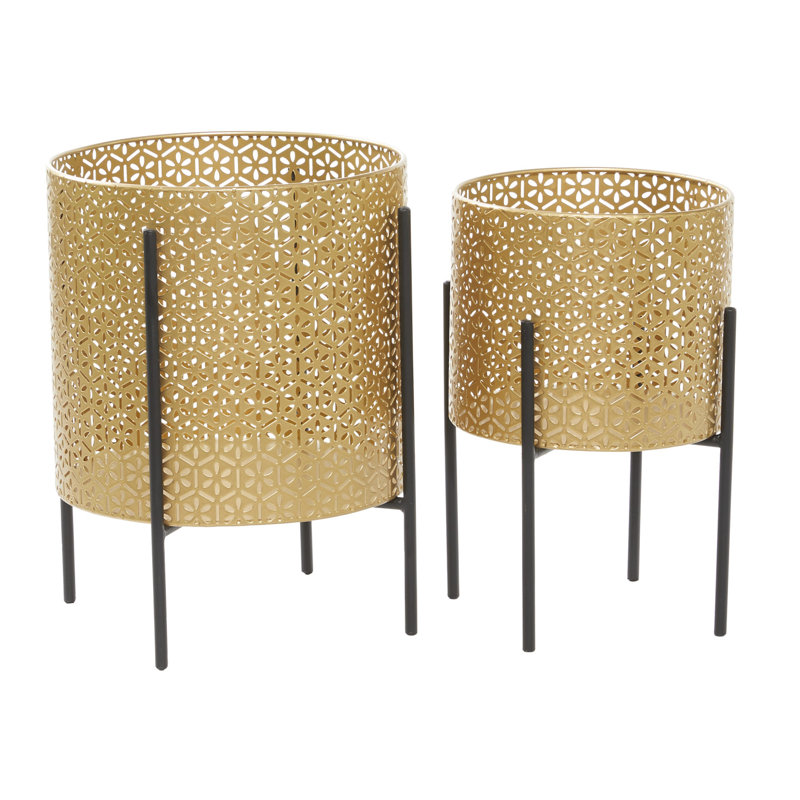 Gold Floral Cutout Metal Cylinder Planters with Stands, Set of 2