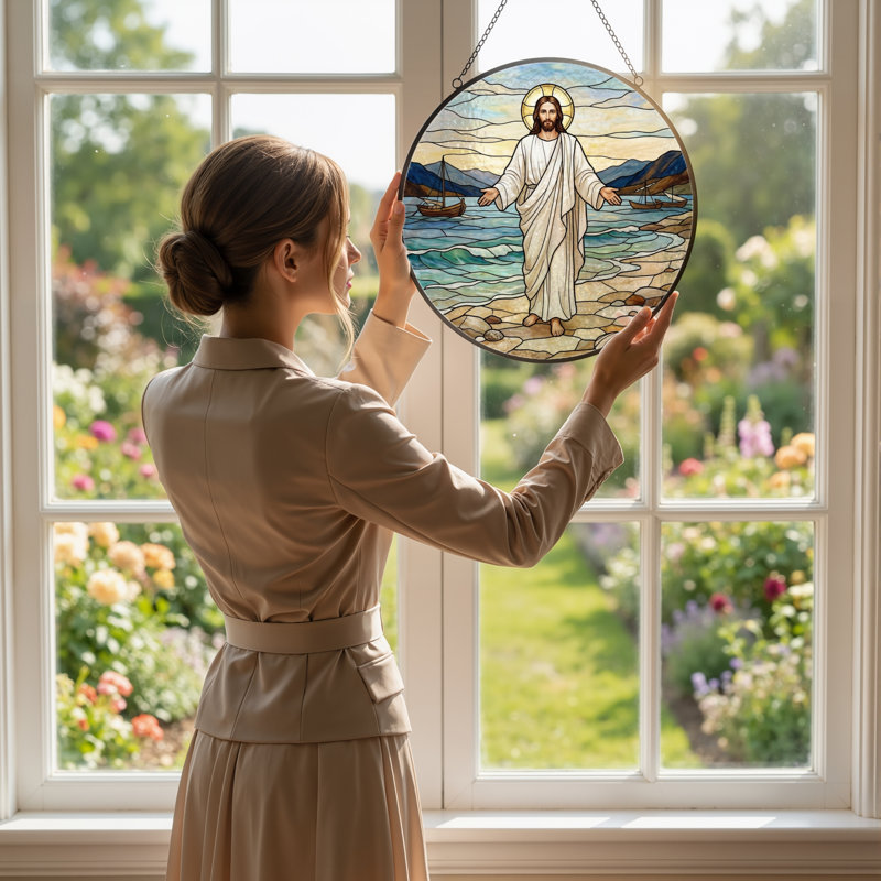 Jesus Walking Stained Glass Window Panel，12"H, 12"H