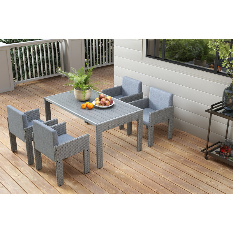 Ensemble repas d'extérieur en rotin toutes saisons avec plateau en bois, Gris / Gris, 4