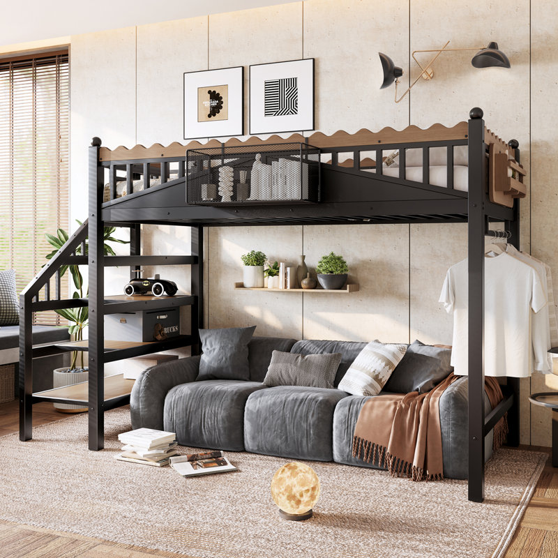 Klotild Loft Bed With Storage Stairs And Shelves, Heavy-Duty Metal Frame, Twin