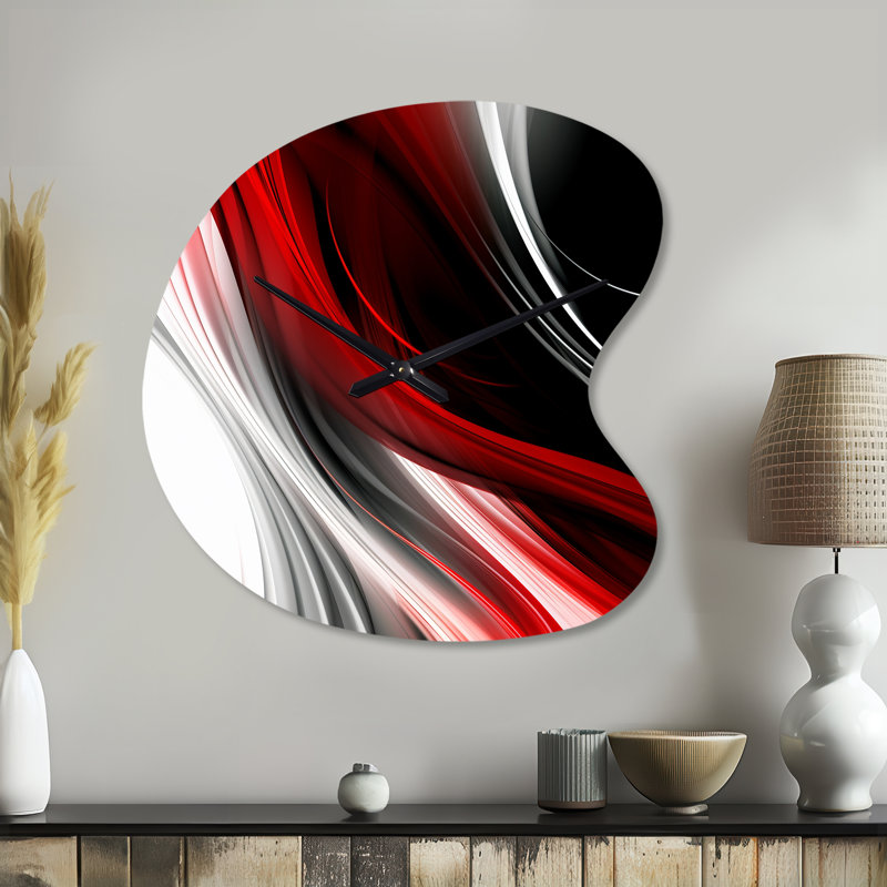 Red Black Infinite Ripples I - Waves Unique Shape Metal Wall Clock, Modern Asymmetrical Wall Clock Print, Small