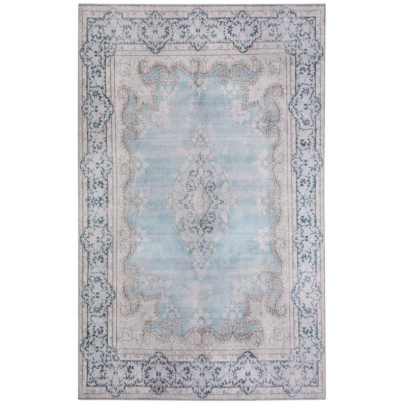 Blue Vintage Distressed Washable 9' x 12' Synthetic Rug