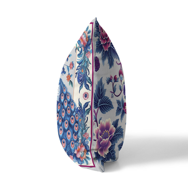 Coussin Peacock Blossom, Bleu / Orange, H 16 po x l 16 po