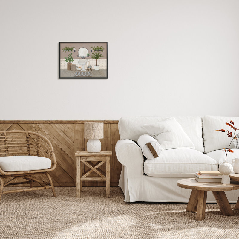 «Cozy Bathroom Greenery Plants» par Pam Britton - Cadre flottant, impression sur bois, Giclée encadrée noir minuit