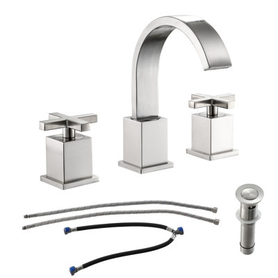2 Handles Bathroom Sink Faucet Arc Waterfall Spout Design Widespread Sink Faucet, Brushed Nickel
