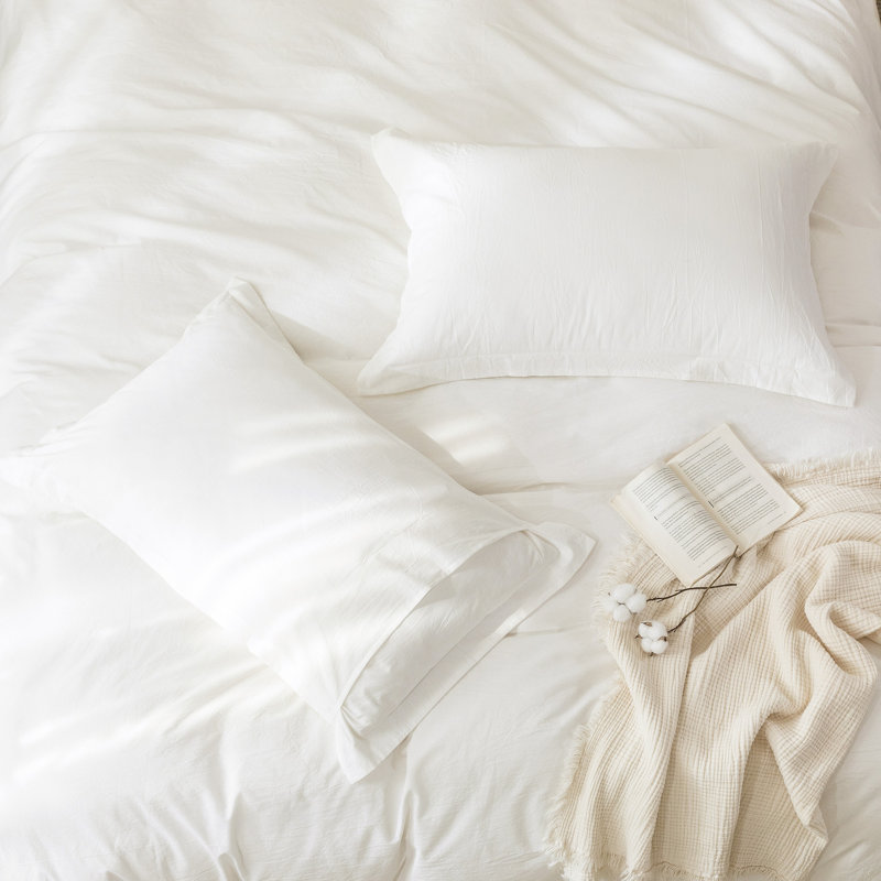 Solayne 100% Washed Cotton Duvet Cover Set with Faux Hemp Texture, Solid Color, Zipper Closure and Corner Ties, Milky White