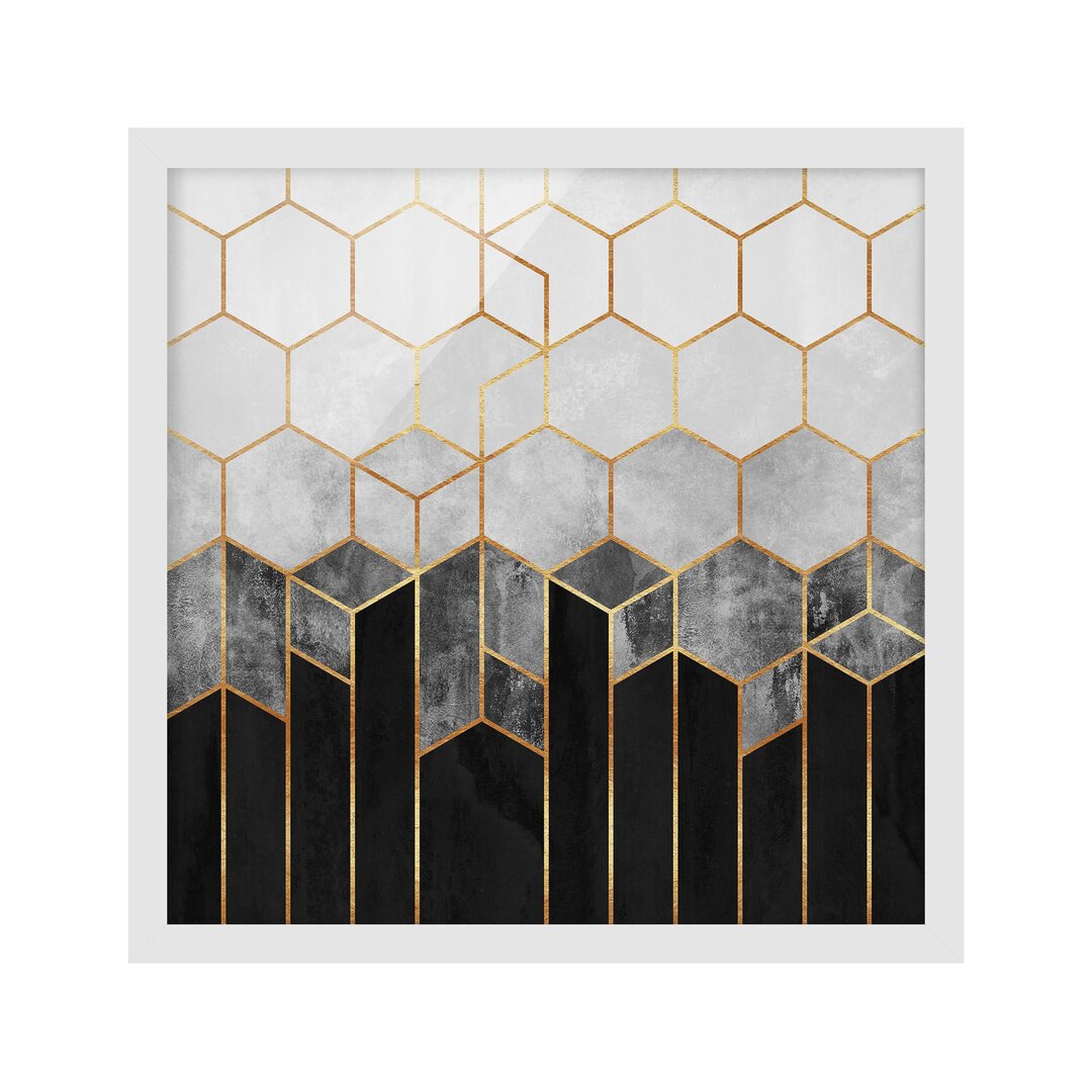 Gerahmtes Poster Golden Hexagons in Schwarzweiß