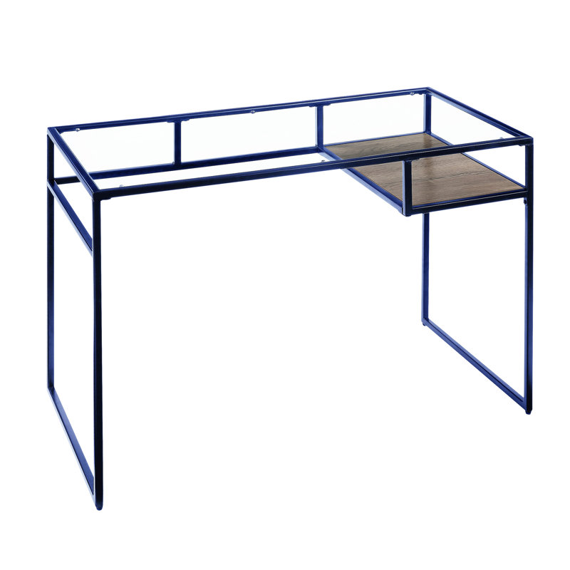 Rectangular Desk With Blue And Supply Container Writing Robust Shelf