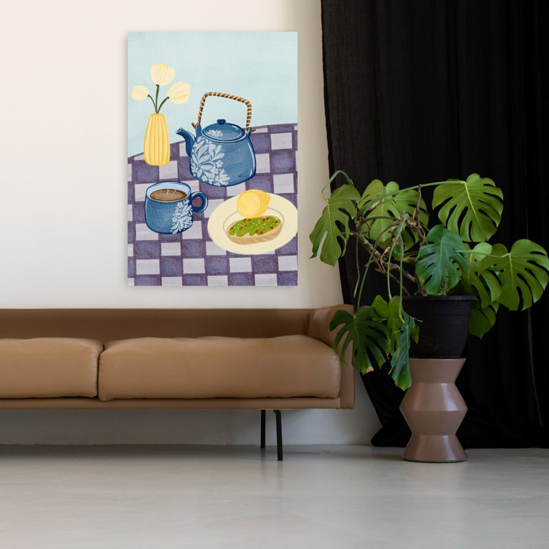 Art mural fleuri bleu, théière bleue