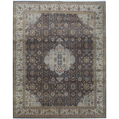 Tapis noir et ivoire de haute qualité noué à la main