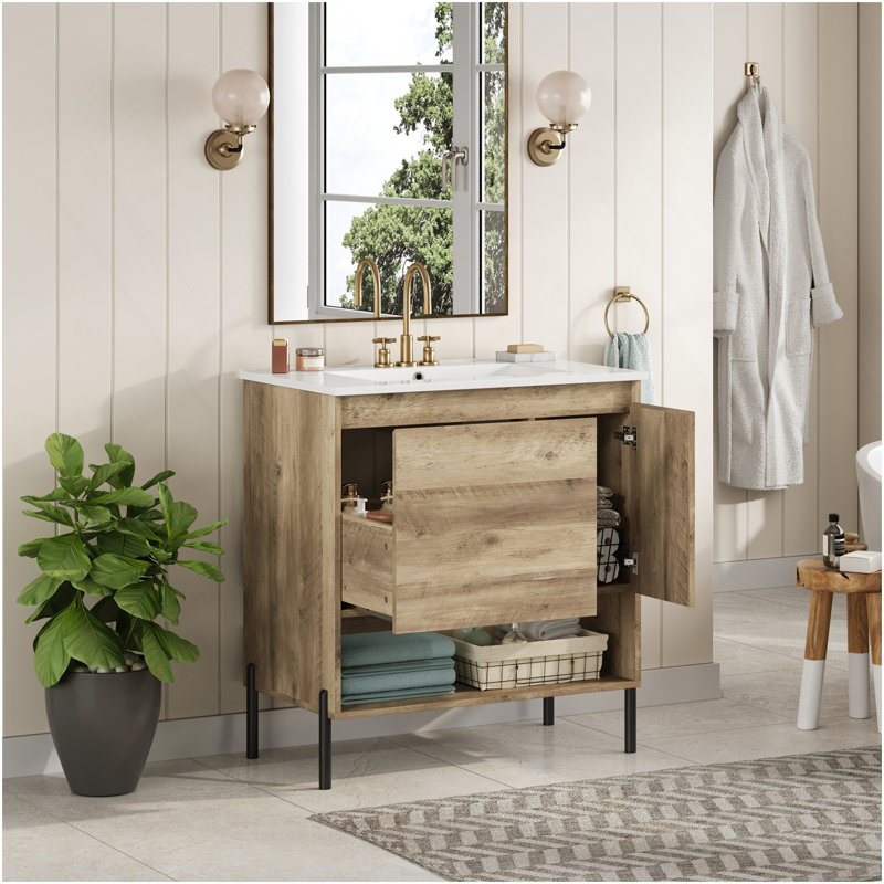 Meuble-lavabo moderne en bois de 30 po, armoire de salle de bain avec tiroir coulissant, armoire de rangement de salle de bain avec lavabo en céramique, meuble-lavabo simple avec portes et tablette ouverte