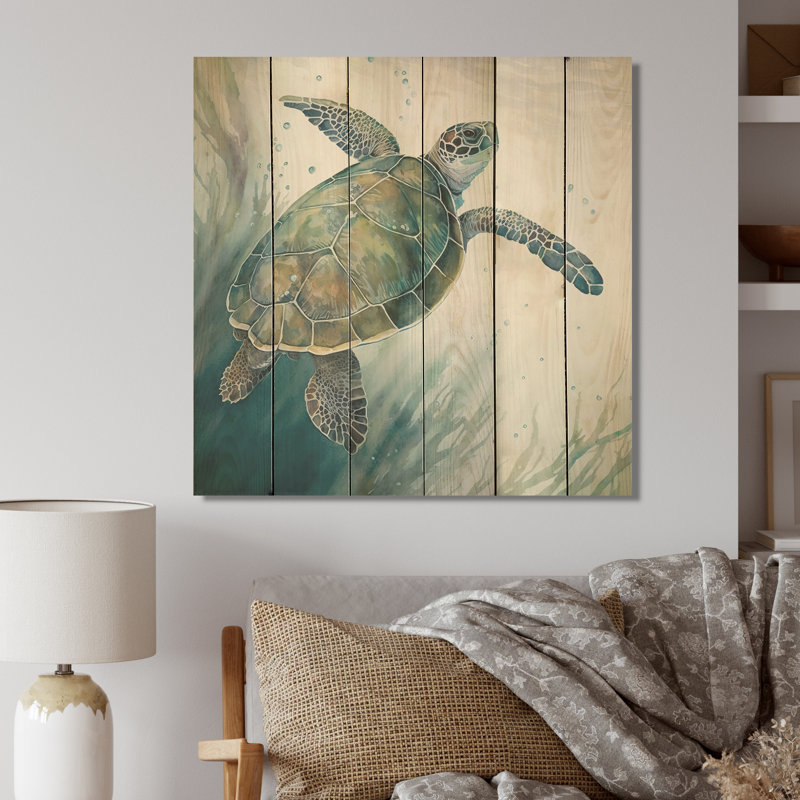 Tortue aquarelle nageant I - impression sur bois, L 24 po x H 24 po x P 1 po