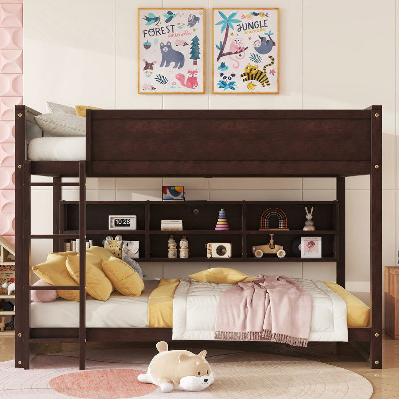 Lit superposé grand sur grand avec rangement intégré, Brun