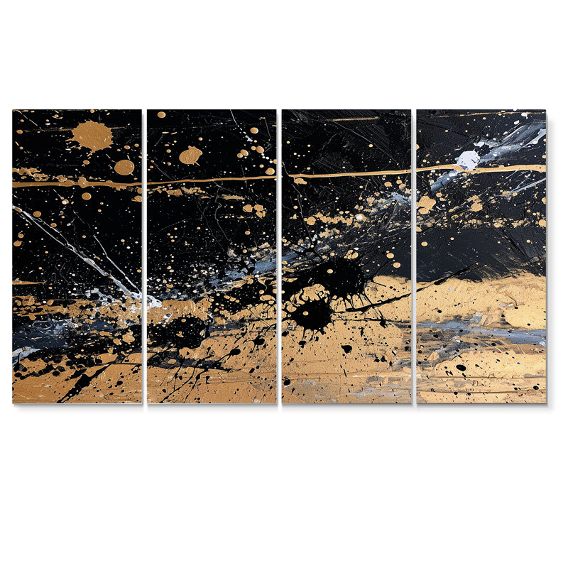 «Spatter Explosion Gold Black - Abstract», art mural sur toile, 4 pièces, H 28 po x l 48 po