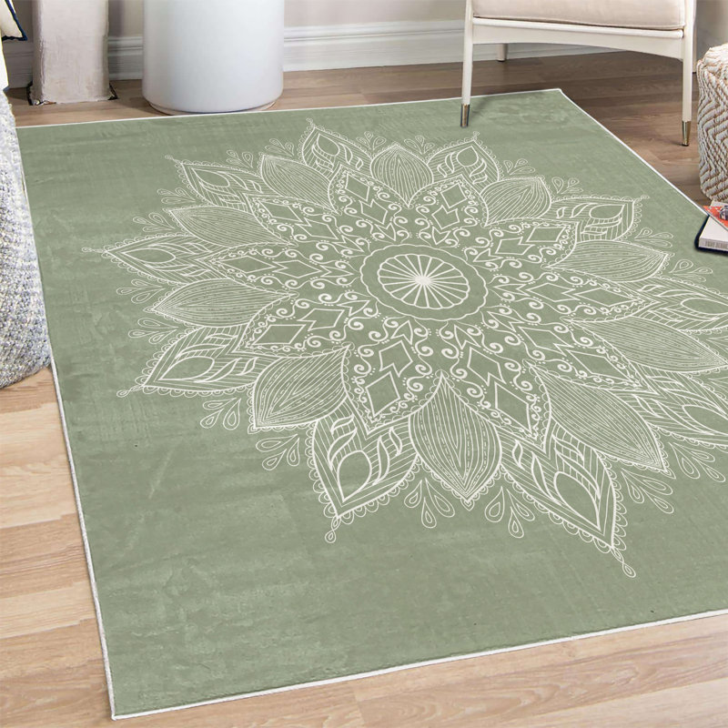 Tapis rectangulaire vert / blanc Reseda, Rectangle 5 pi 2 po x 7 pi 6 po