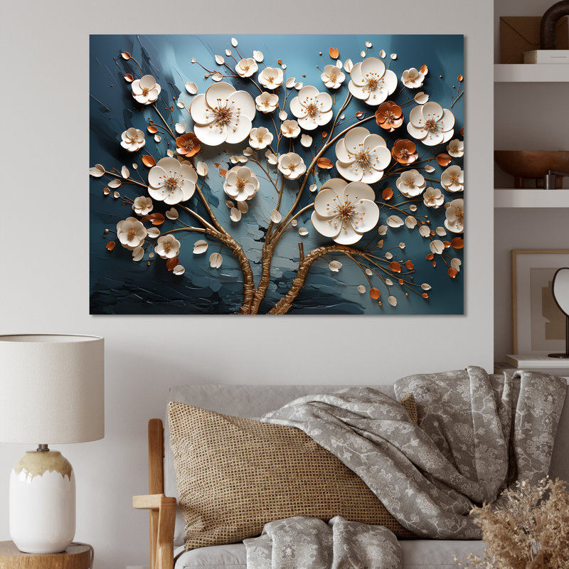 Orchidée blanche et bleue, arbre III - Art floral abstrait, H 16 po x l 32 po x P 1 po, Toile tendue