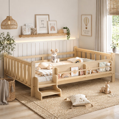 Solid Wood Kids Floor Platform Bed with Built-In Storage Bookcases, All-Side Safety Guardrails, No Box Spring Needed Low Profile Bed Frame