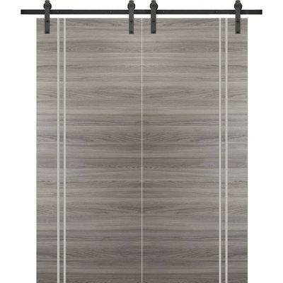 Porte de grange double robuste avec quincaillerie Planum 0310 Ginger Ash, supports de rail de 13 pi, portes intérieures modernes à panneaux pleins - 64 po x 80 po (2 x 32 x 80 po) - Rail noir