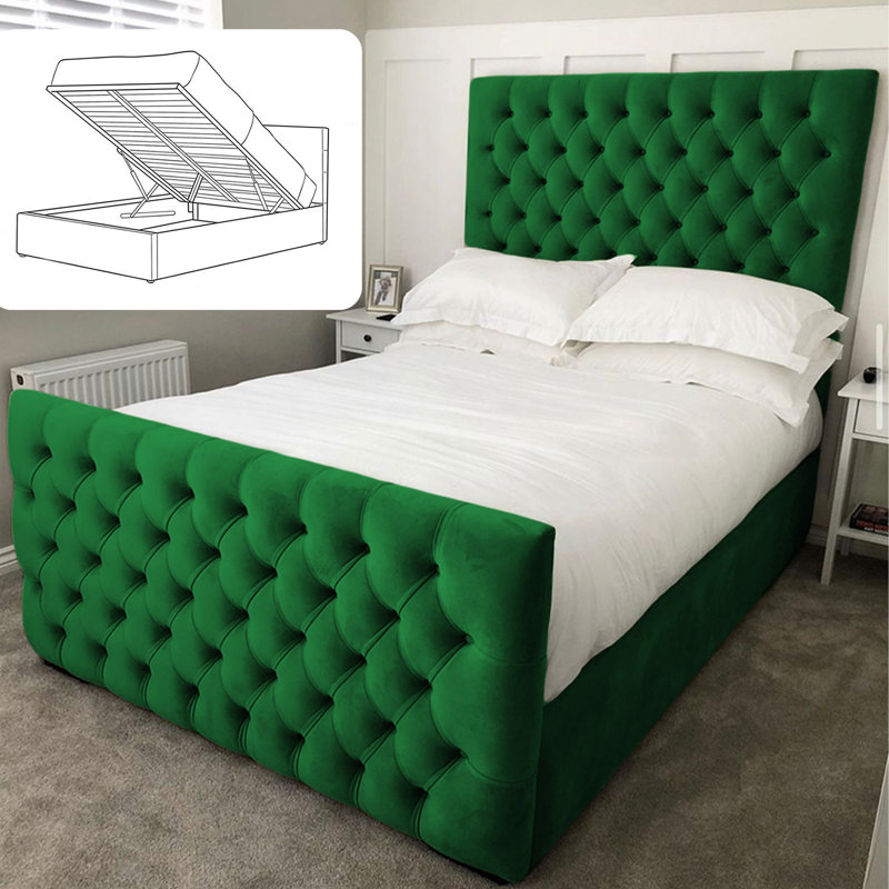 Aleisha Chesterfield Upholstered Ottoman Storage Bed - Button-Tufted Velvet Gas Lift Bed Frame, Single (3'), Emarald