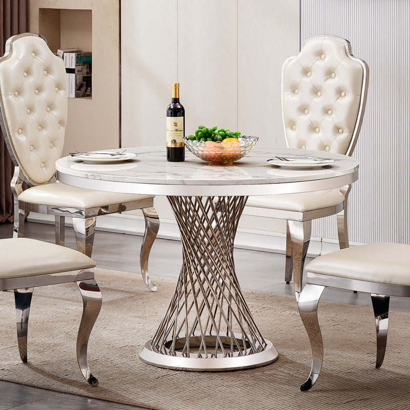 Table de salle à manger ronde en marbre, table de cuisine moderne avec plateau en faux marbre ultrabrillant et base en acier inoxydable pour la salle à manger, cuisine (seulement une table)