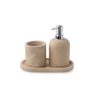 Ensemble de salle de bain élégant 3 pièces, marbre de travertin beige | Distributeur de savon (3,5 po de diamètre, 4,7 po de hauteur), porte-brosse à dents (3,5 po de diamètre, 3,9 po de hauteur), plateau de meuble-lavabo (9,8 x 4,7 x 0,8 po) | Conception luxueuse pour les salles de bain modernes