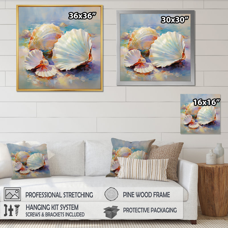 White Impressionist Seashells I - Animals Wall Art Prints, Toile tendue, H 36 po x l 36 po x P 1,5 po