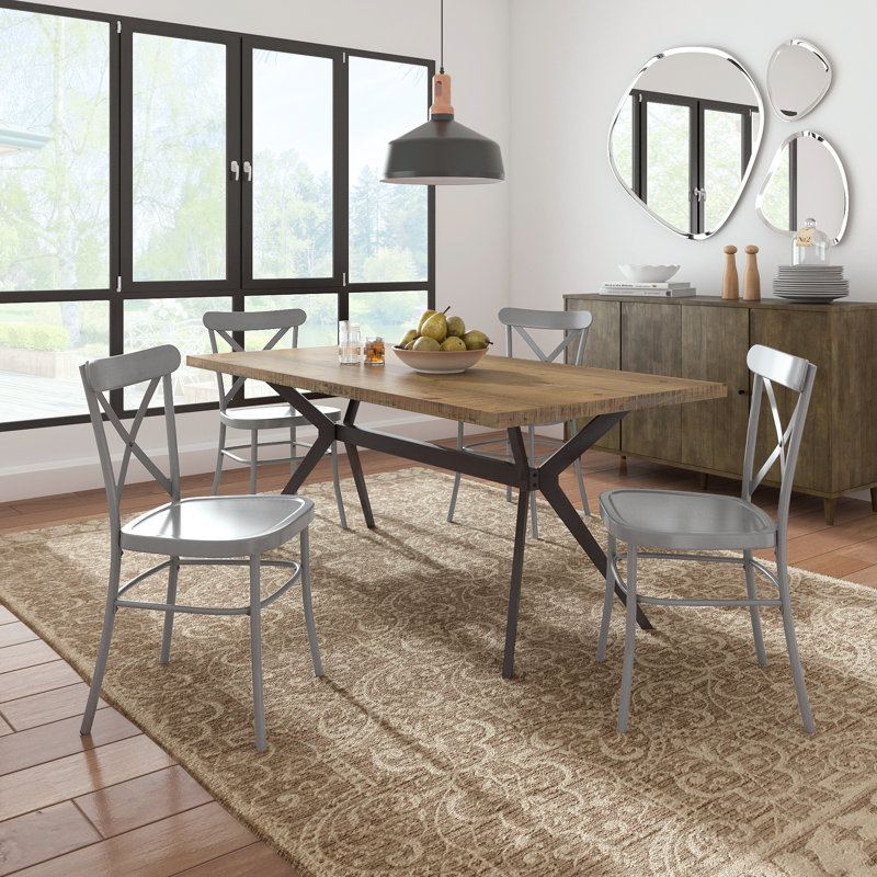 Devan 70" Iron Metal Base Dining Table And X-Back Metal Chairs Set - Table And 4 Chairs, Brown, Gray