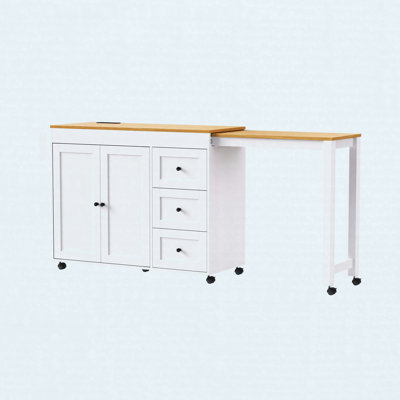 74.8" Kitchen Island with Extendable Dining Table, Kitchen Storage Cart with 3 Drawers, Power Outlet, Rolling Kitchen Island on Wheels with Spice Rack and 2 Door Cabinet, for Kitchen, White