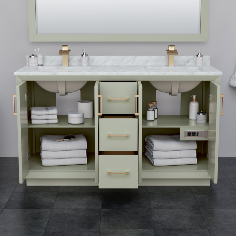Strada 60'' W Double Vanity, Giotto Quartz, Light Green, Brushed Nickel