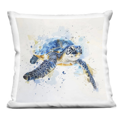 Blue Sea Turtle with Splatter Decorative Printed Throw Pillow, design by LSR Creative Studio