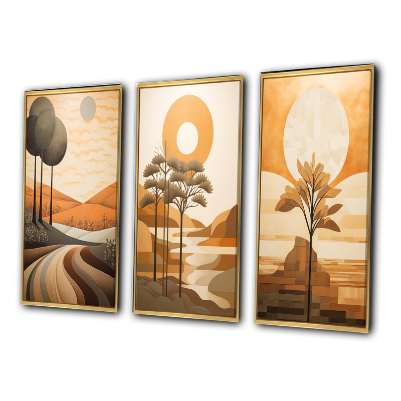 «Full Moon River Glow Retro Landscape», 3 pièces, Cadre flottant doré, H 48 po x l 32 po