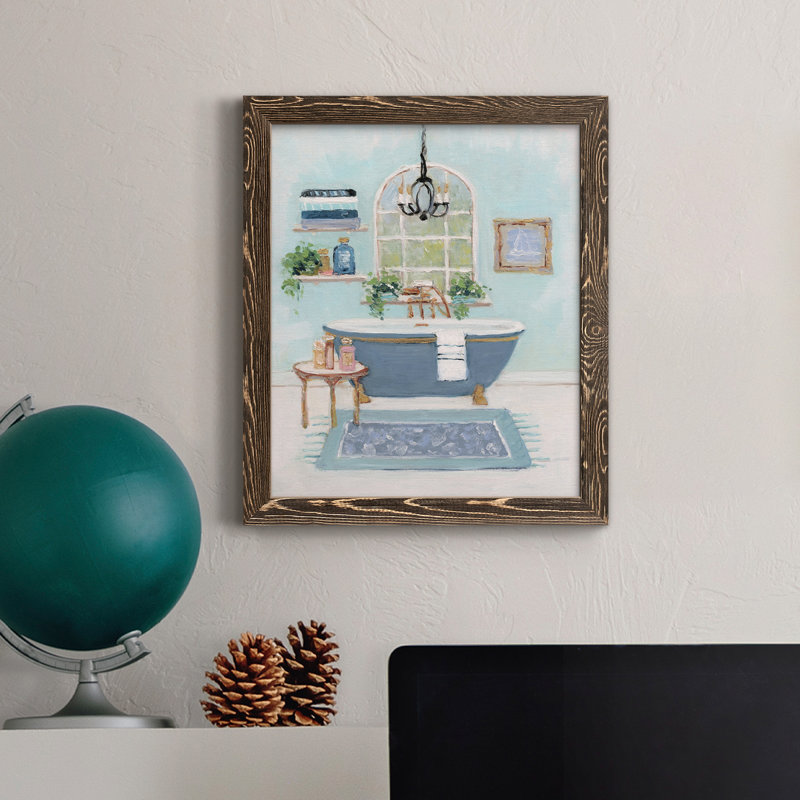«Blue Bath I», peinture sur toile encadrée, H 37,5 po x l 27,5 po x P 1,5 po, Noyer