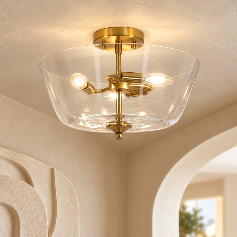 Plafonnier semi-encastré à 3 lumières, style ferme, en verre transparent couleur cuivre chaud