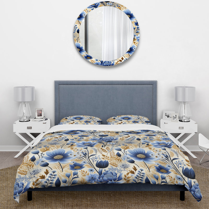 Blue Meadow Flowers Pattern Box Stitch Floral Duvet Cover, Twin Duvet Cover + 1 Standard Sham