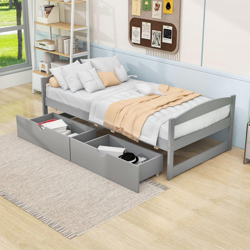 Lit plateforme simple en bois avec 2 tiroirs, Gris