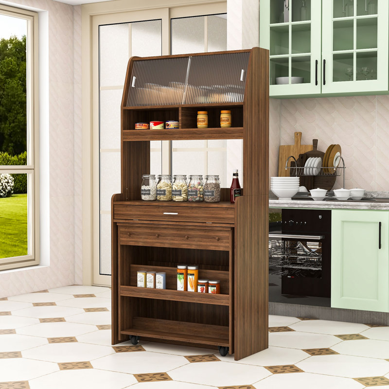 Buffet multifonctionnel avec table de salle à manger pliable, armoire de rangement, tablettes et crochets latéraux, Noyer