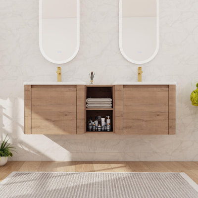 60''/68'' Double Floating Bathroom Vanity With Ceramic Sink, Wall Mounted Bathroom Vanity With  2 Soft Close Doors And Shelf