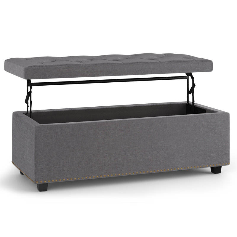 Hamilton 44"W Upholstered Lift-Top Storage Ottoman with Nailhead Trim and Tufted Detailing, Slate Gray Linen Blend