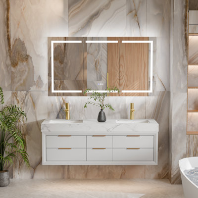 Melora 60" Wall-Mounted Modern Bathroom Vanity With Double Sink, Soft-Close Drawers, White Stone Countertop & LED Light