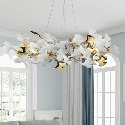 31.5-Inch Gold Ginkgo Leaf Chandelier, Modern Ceramic & Brass Branch Pendant Light for Dining Room Living Room Bedroom