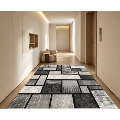 Tapis de style géométrique moderne, texture abstraite marbrée noire et blanche, surface en velours, lavable à la machine, antidérapant, décoration intérieure contemporaine pour salon, chambre, entrée, cuisine, balcon, appartement