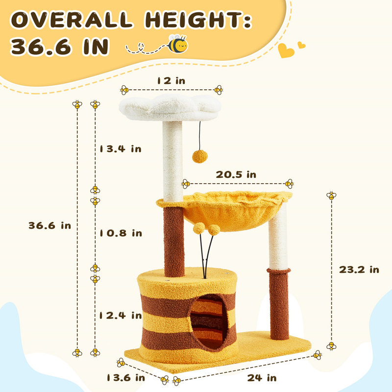 36.6 In Flower Cat Tree With Well-padded Perch, Cat Tower With Sisal Scratching Posts, Yellow