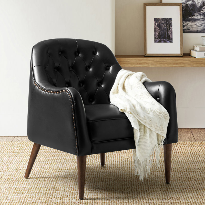Rhinehart 28.5" Wide Genuine Leather Barrel Chair, Black  Genuine Leather