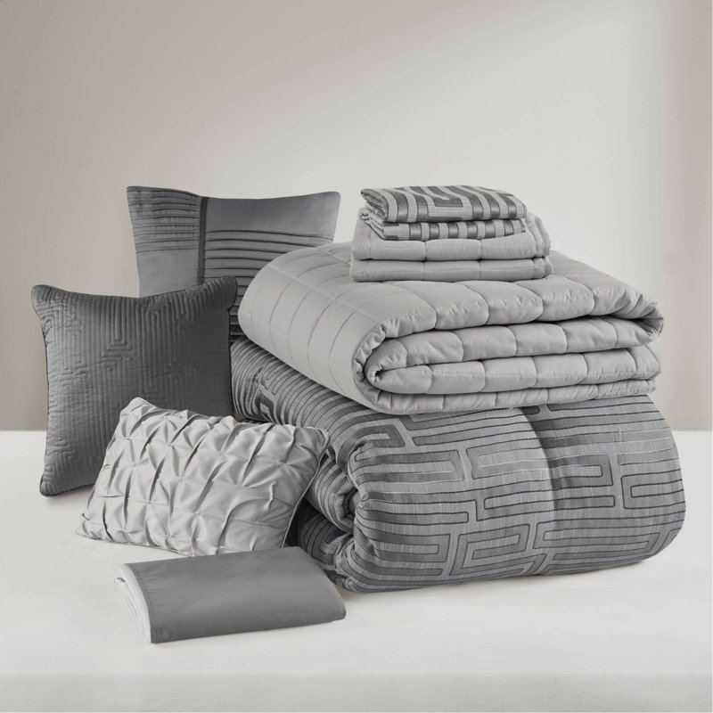 10 PCS King Luxury Jacquard Comforter Set Grey, Gray Geometric, King Comforter + 9 Additional Pieces