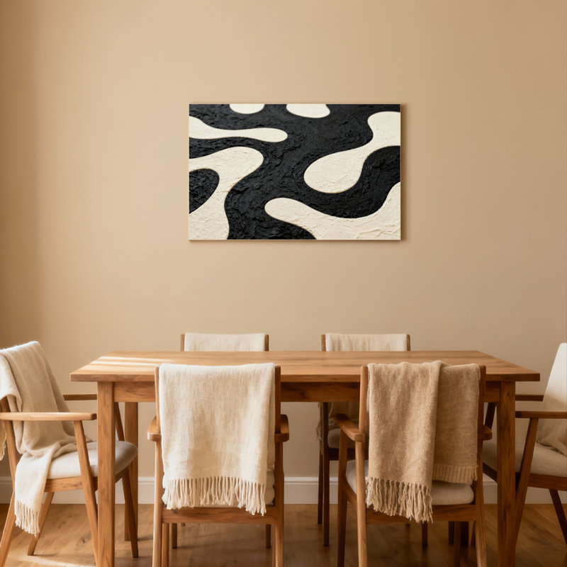 Abstrait noir et crème à motif de vagues tendues sur toile tendue sur toile, ensemble de 1, H 24 po x l 36 po