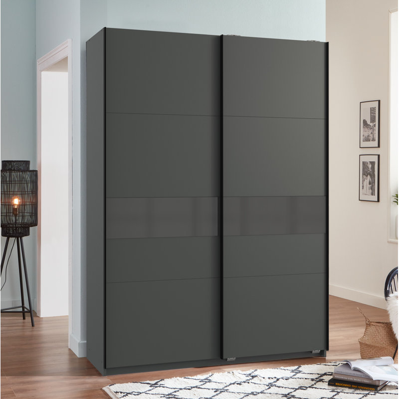 Chaska 2 Door Manufactured Wood Wardrobe, 198cm H x 135cm W x 64cm D, Premium Plus, Graphite/Glass Grey