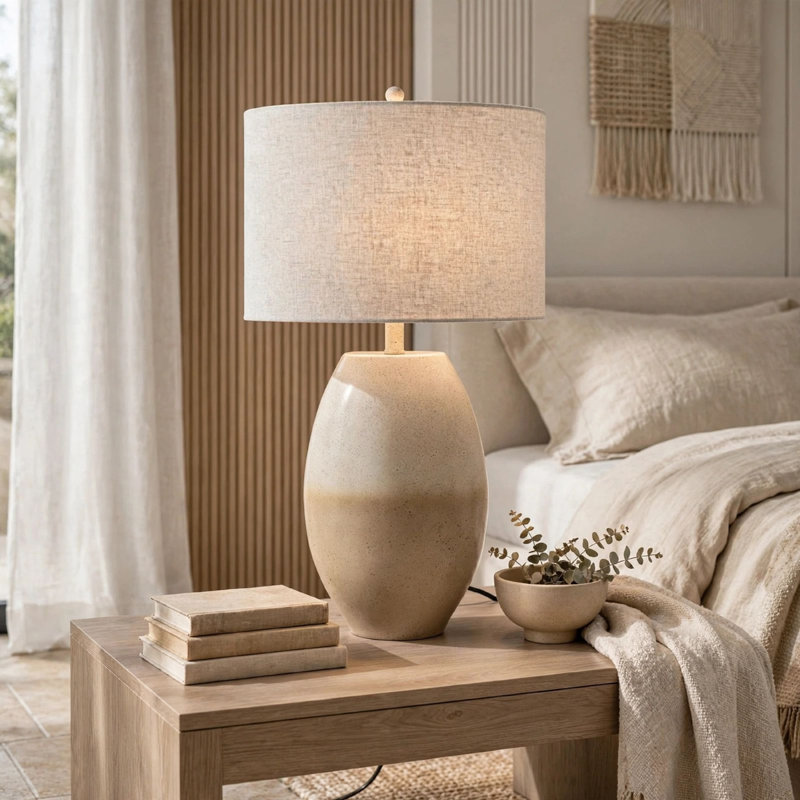 Lampe de table Jaya, abat-jour cylindrique rigide, base crème et beige, 28 po
