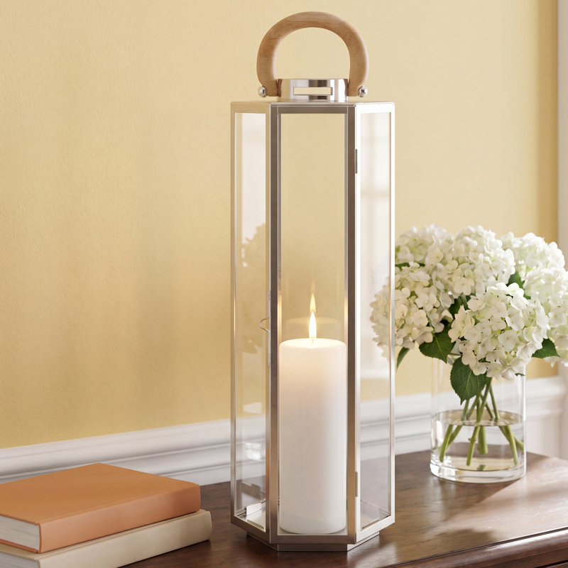 Floor Lantern, 29" H x 9" W x 9" D, Stainless Steel/Silver