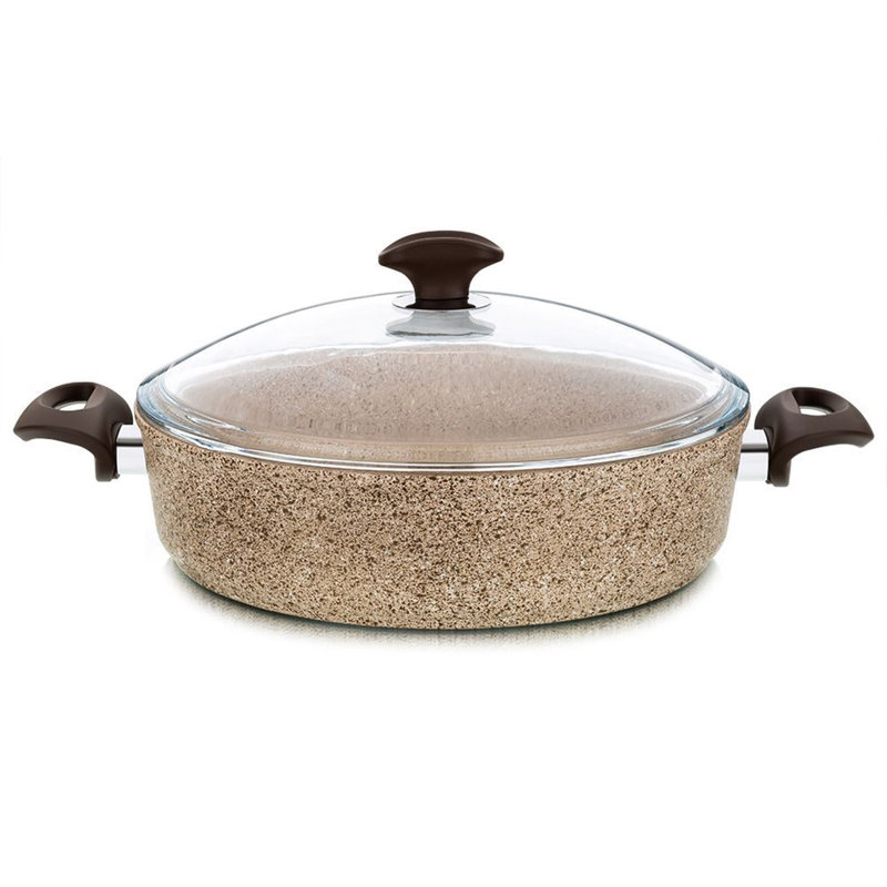 Pot en granit avec couvercle en verre, couleur crème, 10,2 po x 4,7 po | 100% allant au micro-ondes et au lave-vaisselle, épaisseur de 4 mm | Batterie de cuisine durable et élégante pour une cuisson sans effort et un nettoyage facile, essentiels pour 