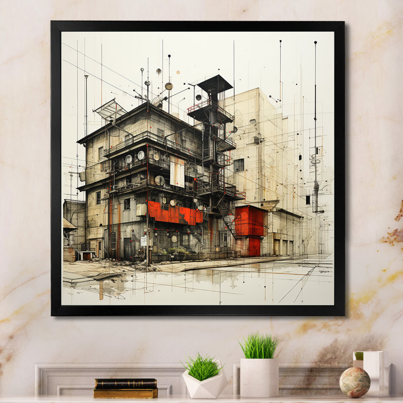 Dessin d'analyse d'un entrepôt II sur toile, Cadre simple noir, H 16 po x l 16 po x P 1 po